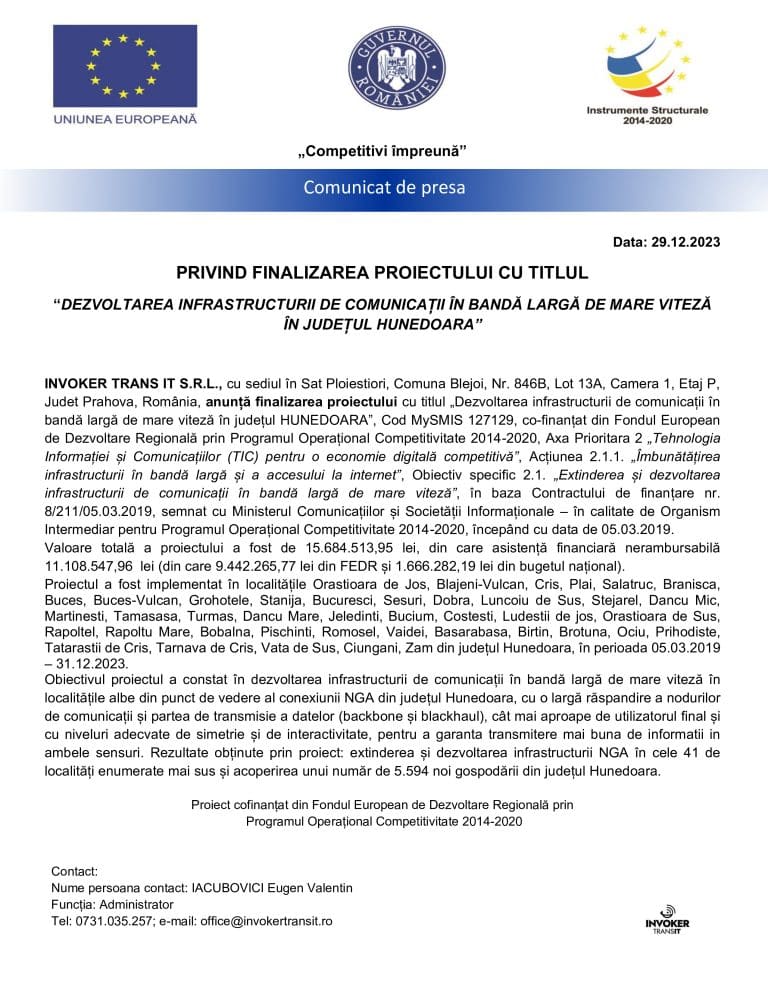 Anunț finalizare proiect “Dezvoltarea infrastructurii de comunicații în bandă largă de mare viteză în județul Hunedoara”