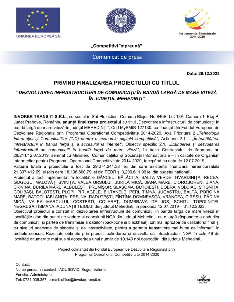 Anunț finalizare proiect “Dezvoltarea infrastructurii de comunicații în bandă largă de mare viteză în județul Mehedinți”