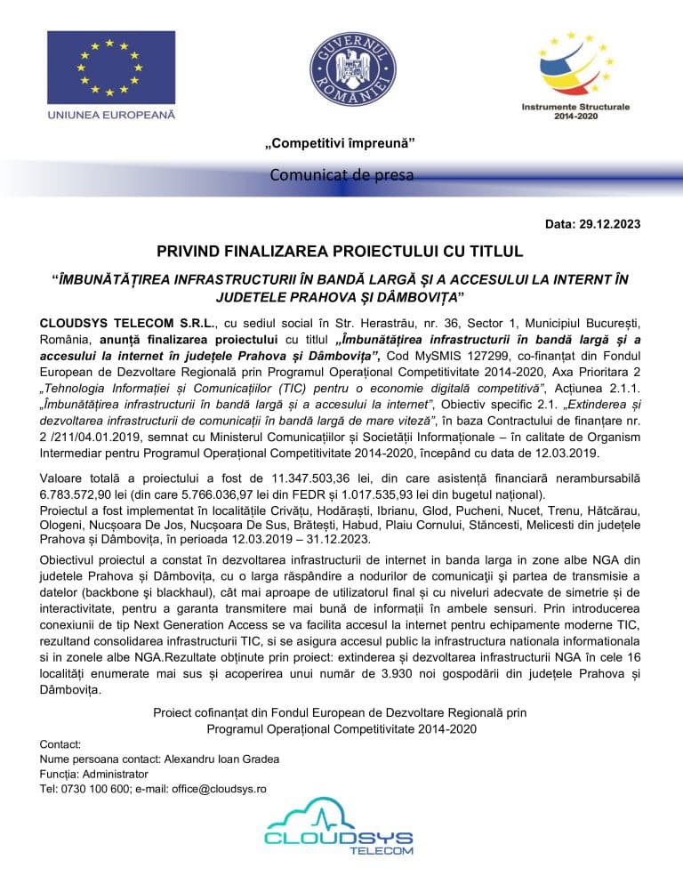 Anunț finalizare proiect “Îmbunătățirea infrastructurii în bandă largă și a accesului la internet în județele Prahova și Dâmbovița”
