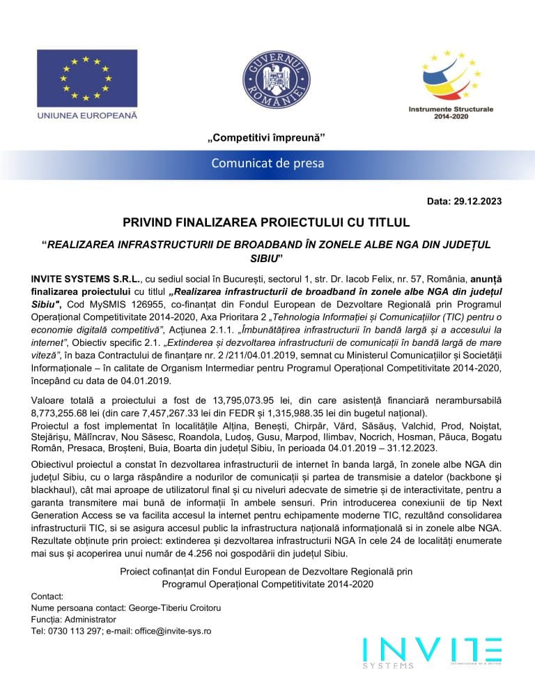 Anunț finalizare proiect “Realizarea infrastructurii de broadband în zonele albe NGA din județul Sibiu”