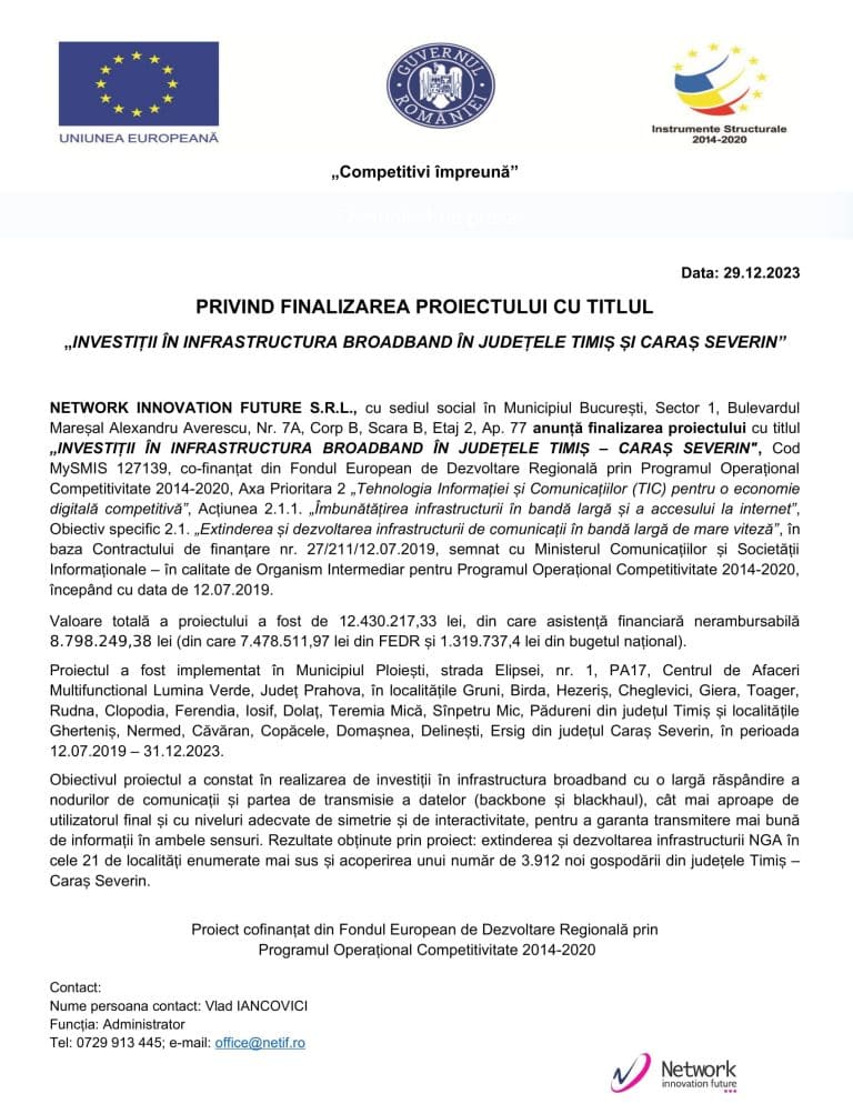 Anunț finalizare proiect „Investiții în infrastructura broadband în județele Timiș și Caraș Severin”