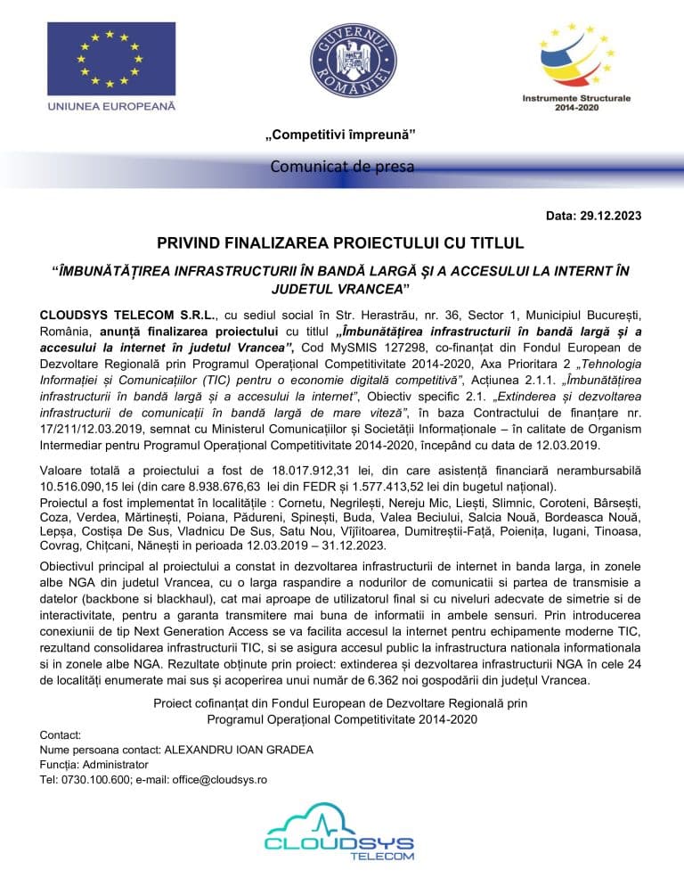 Anunț finalizare proiect “Îmbunătățirea infrastructurii în bandă largă și a accesului la internet în județul Vrancea”