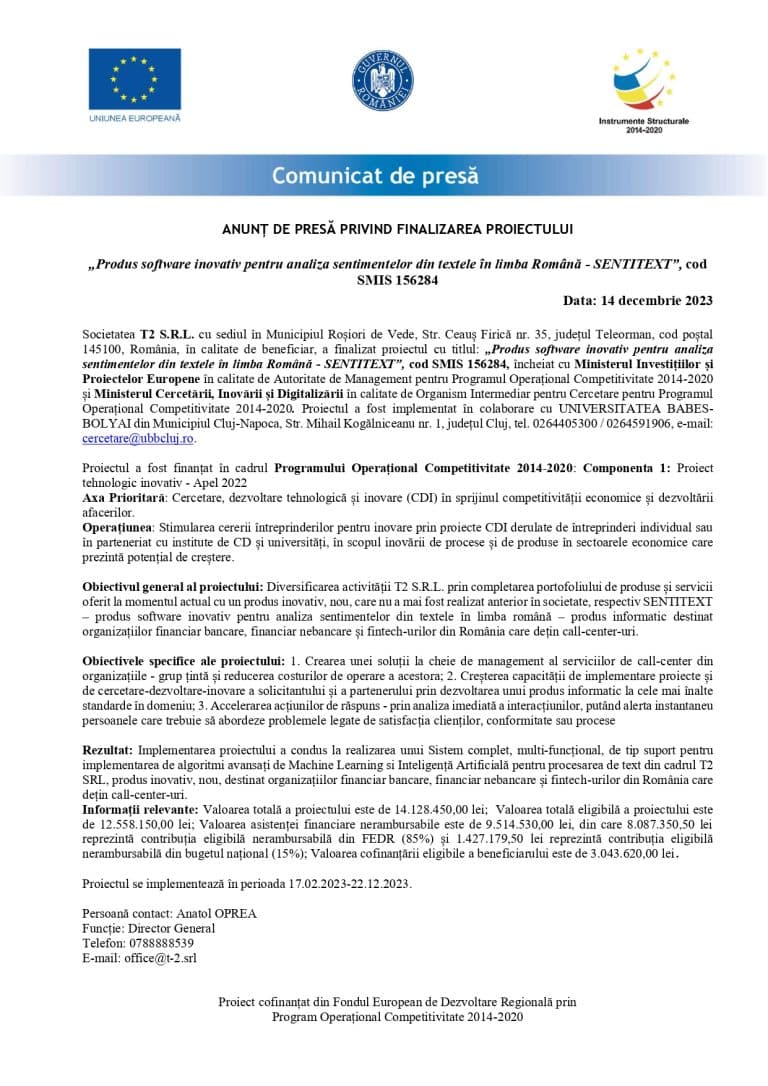 Comunicat de presă T2 SRL