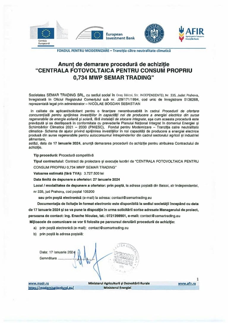 Comunicat de presă SEMAR TRADING SRL
