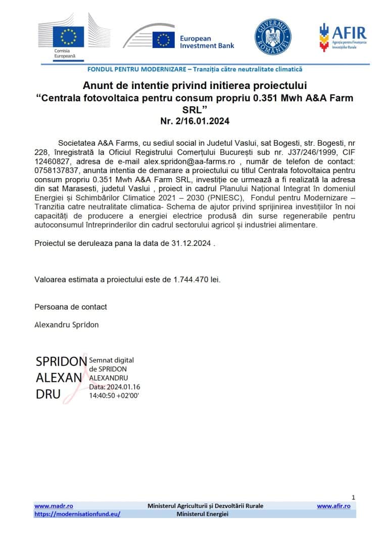 Comunicat de presă A&A FARMS SRL (2)