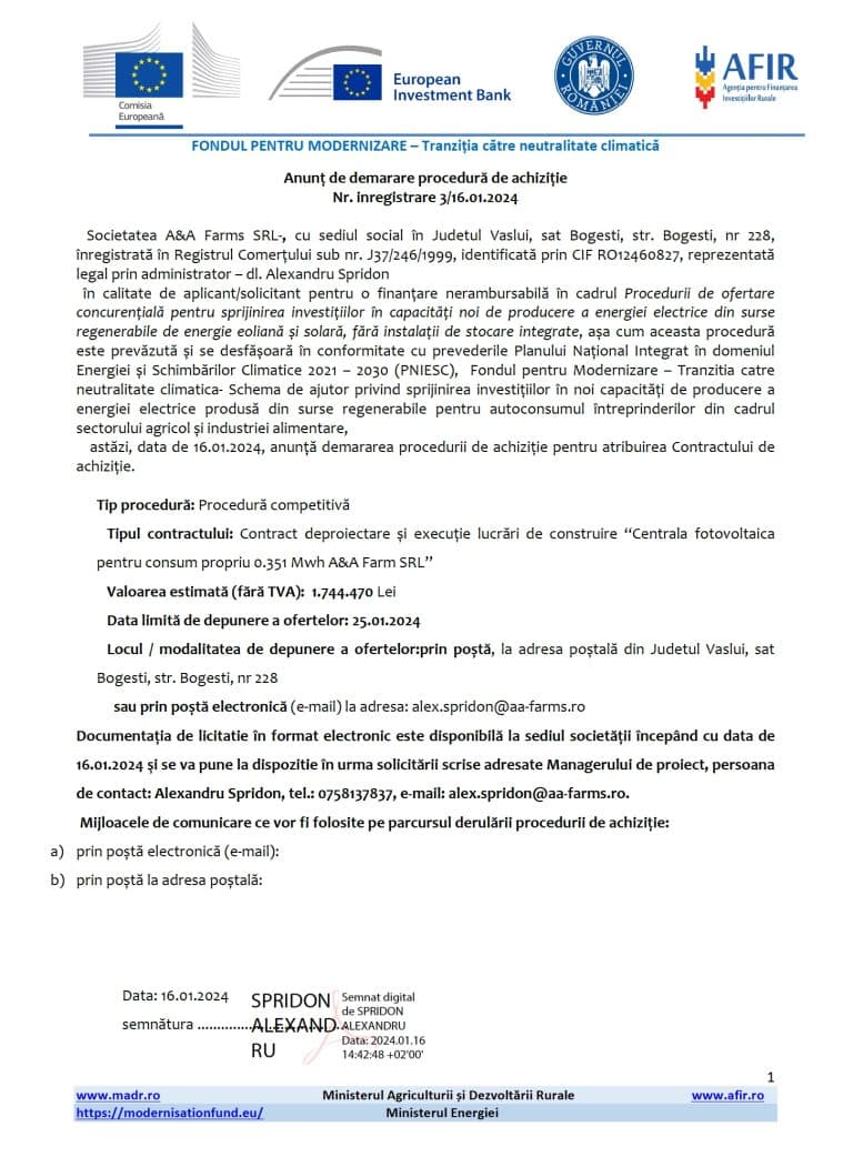Comunicat de presă A&A FARMS SRL