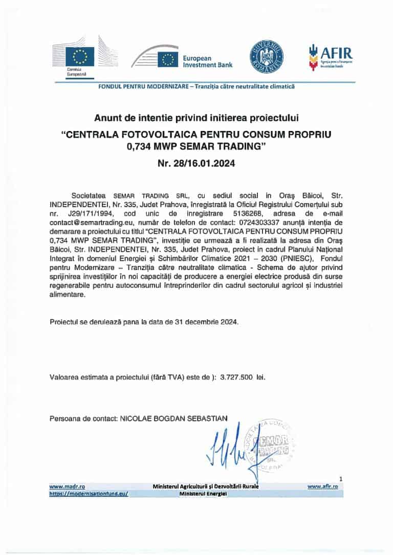 Comunicat de presă SEMAR TRADING SRL