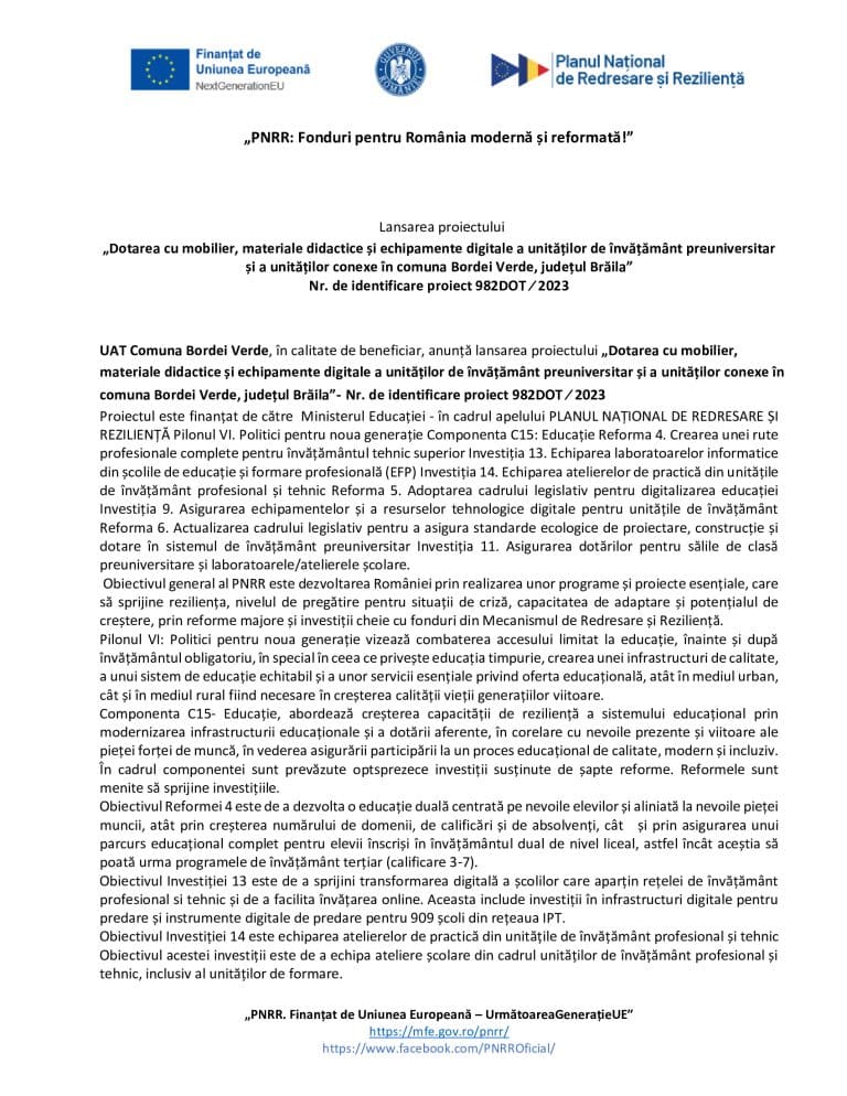 Comunicat de presă UAT Comuna Bordei Verde