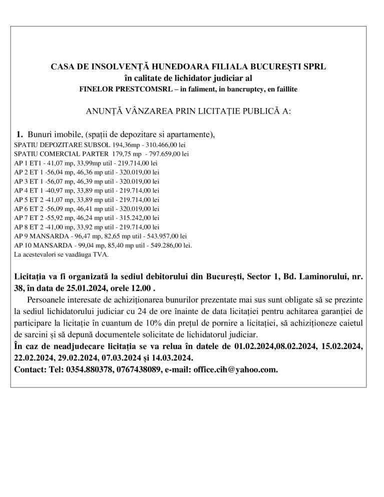 Anunt de vânzare – CASA DE INSOLVENȚĂ HUNEDOARA FILIALA BUCUREȘTI SPRL