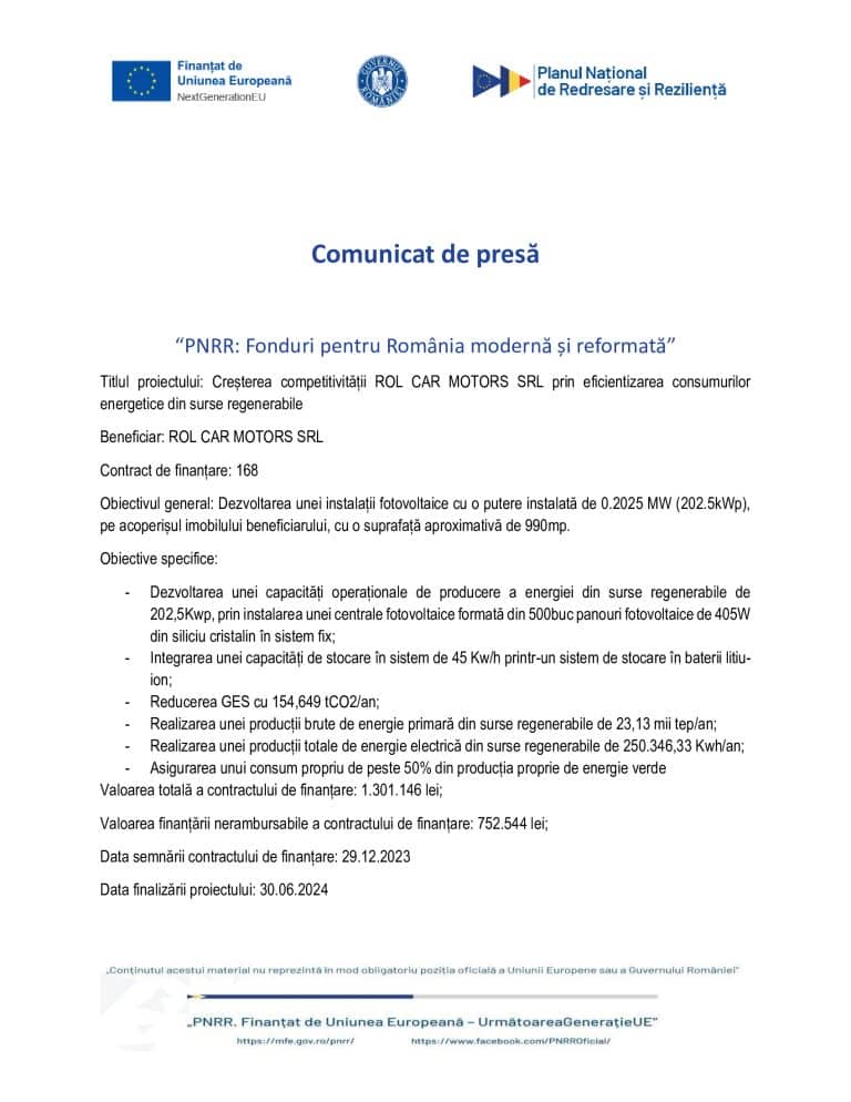 Comunicat de presă ROL CAR MOTORS SRL