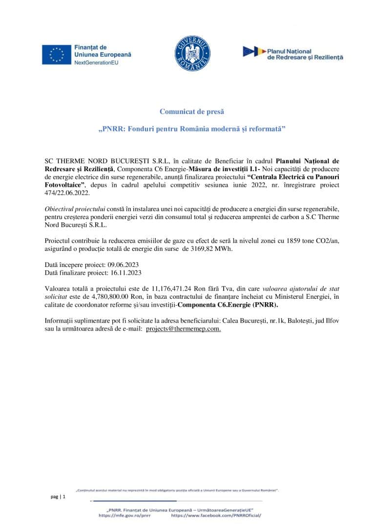 Comunicat de presă THERME NORD BUCUREȘTI SRL