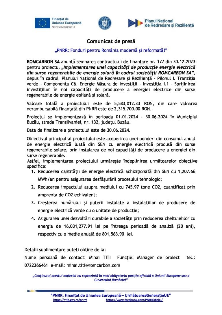 Comunicat de presă ROMCARBON SA