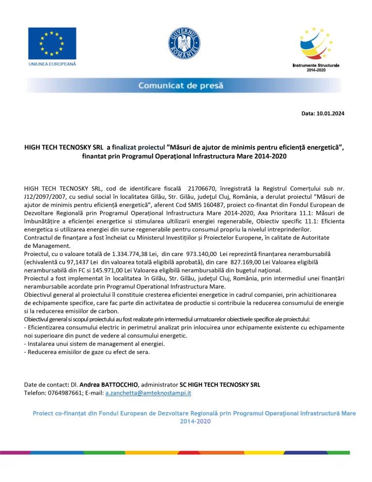 Comunicat de presă SC High Tech Tecnosky SRL
