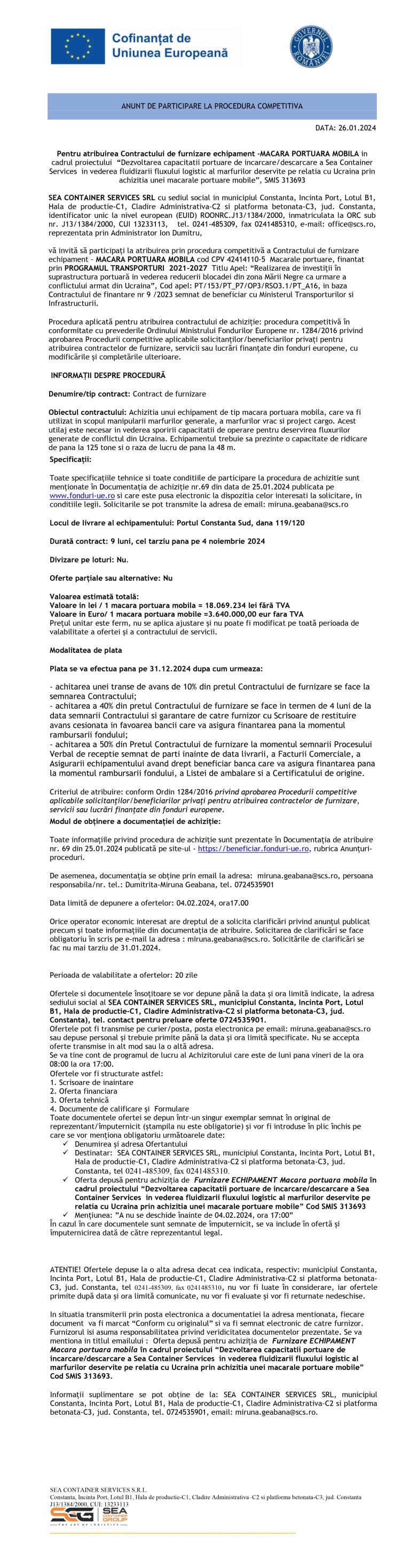 Comunicat de presă SEA CONTAINER SERVICES SRL