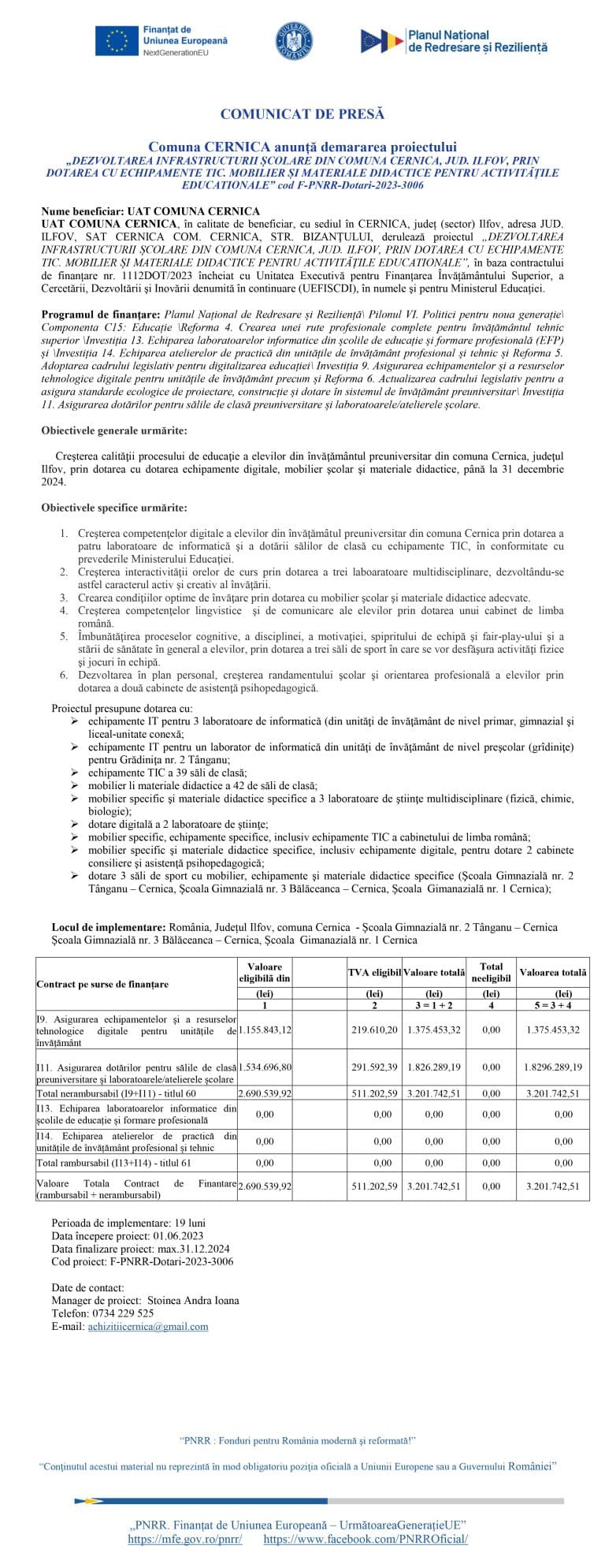 Comunicat de presă UAT COMUNA CERNICA