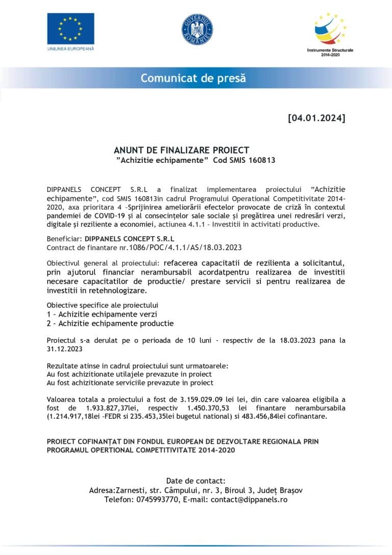 Comunicat de presă finalizare proiect SC DIPPANELS CONCEPT S.R.L