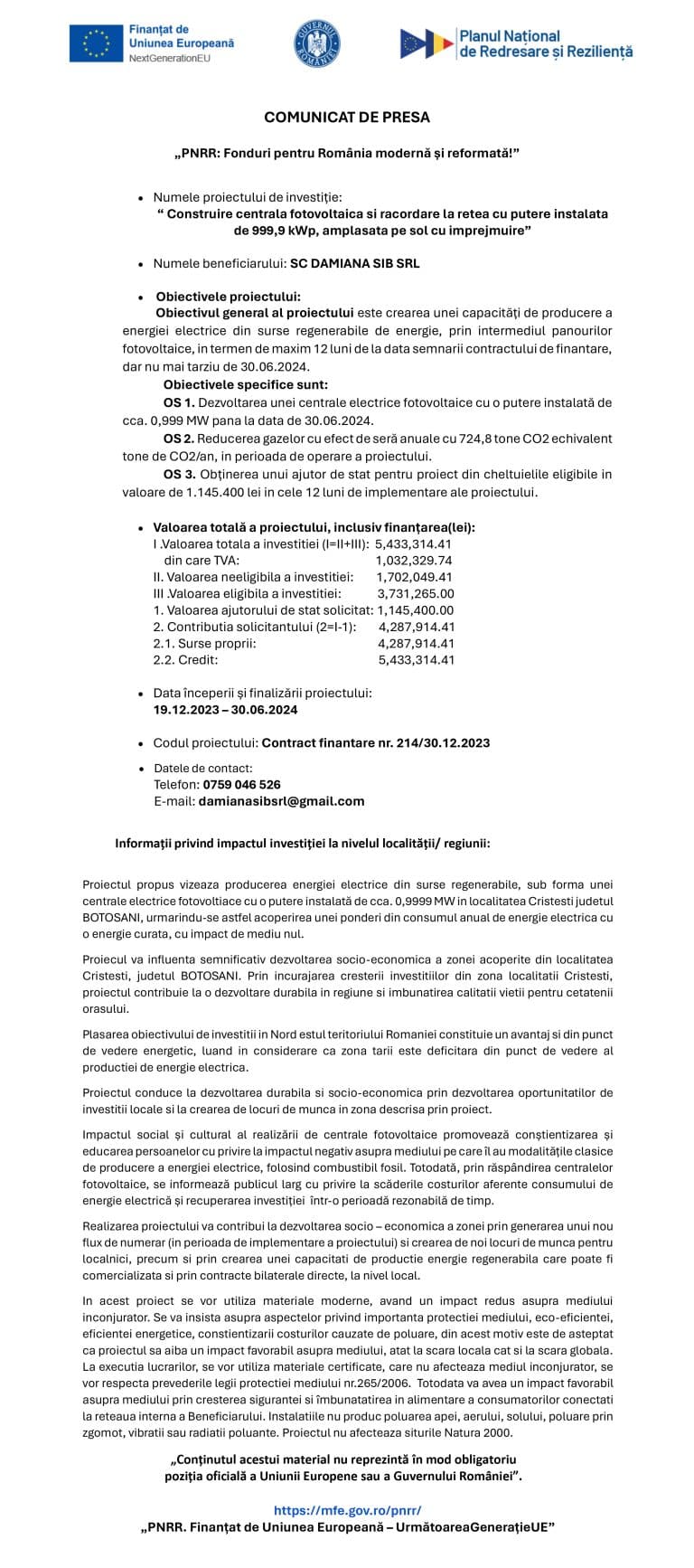 Comunicat de presă începere proiect SC DAMIANA SIB SRL