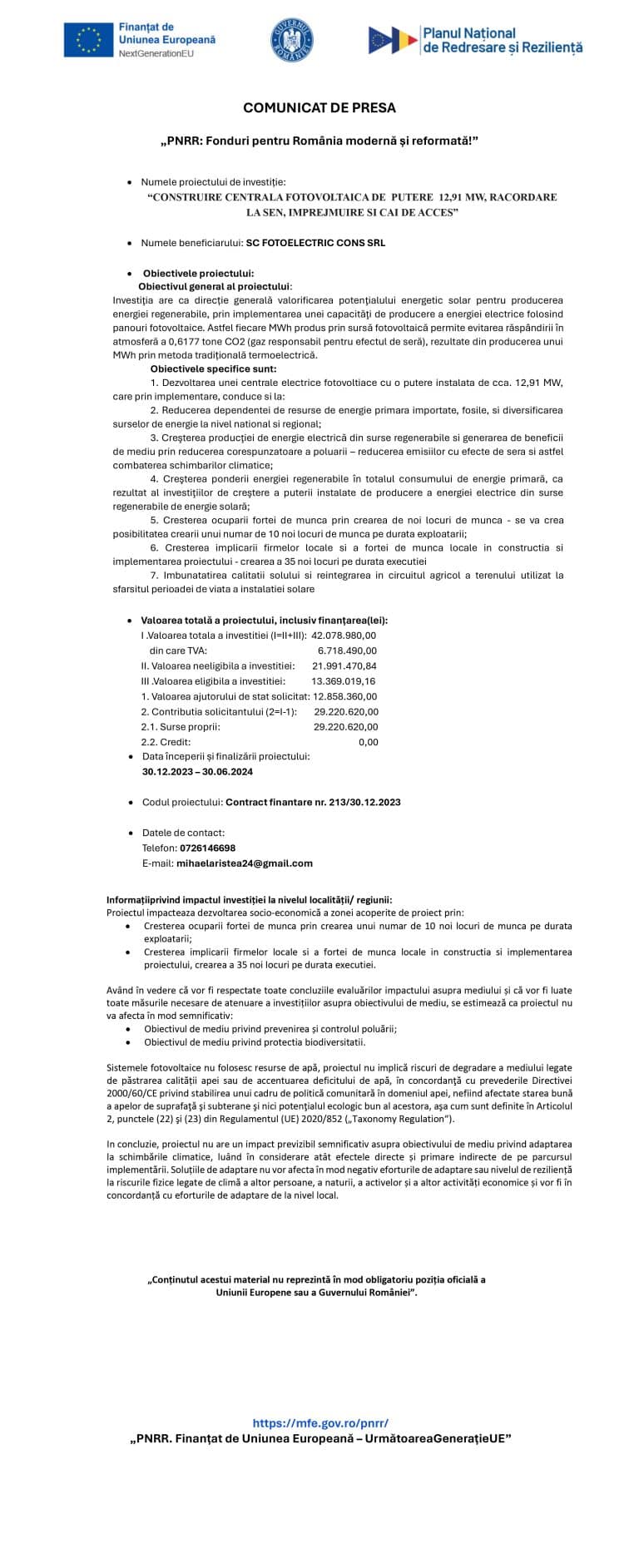 Comunicat de presă începere proiect SC FOTOELECTRIC CONS SRL