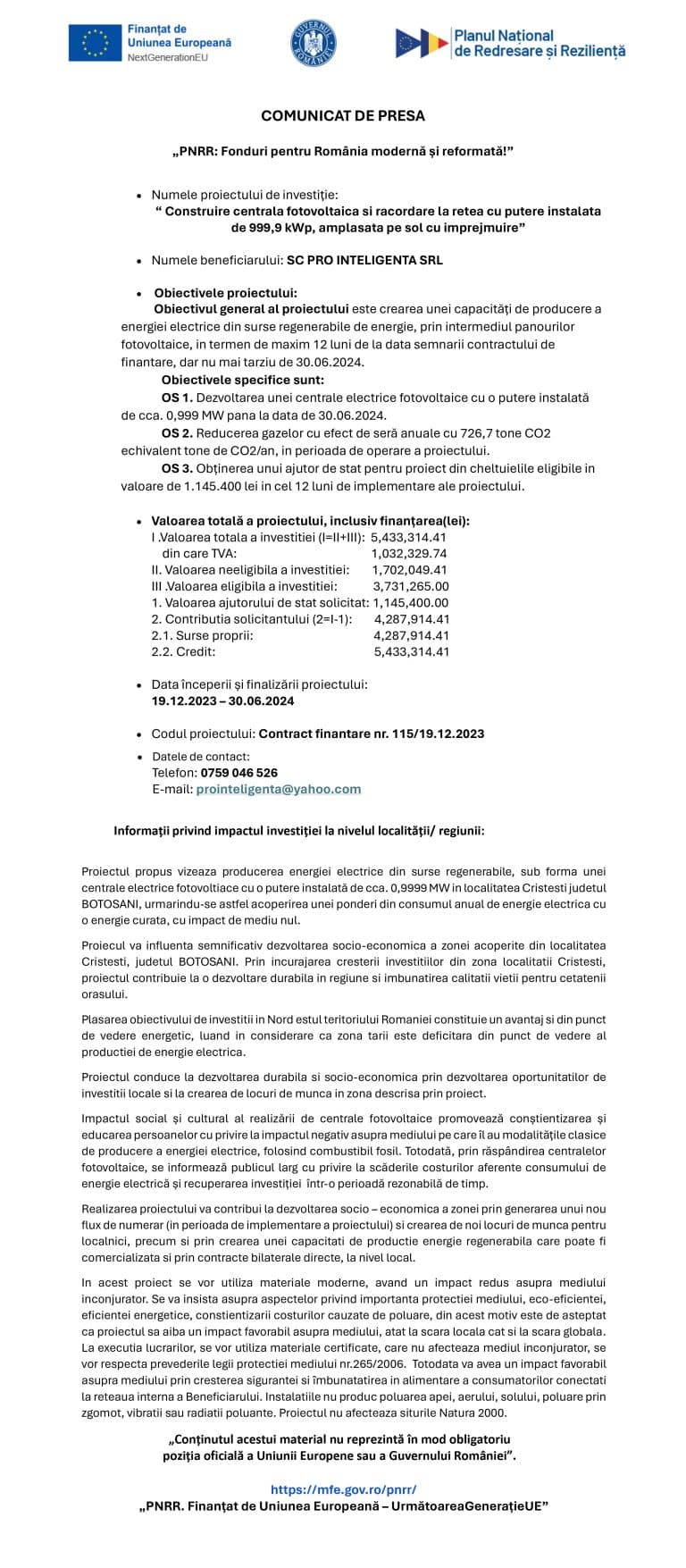 Comunicat de presă începere proiect SC PRO INTELIGENTA SRL