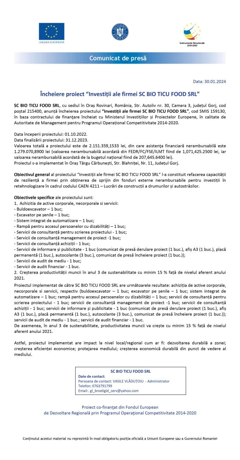 Comunicat de presă încheiere proiect SC BIO TICU FOOD SRL