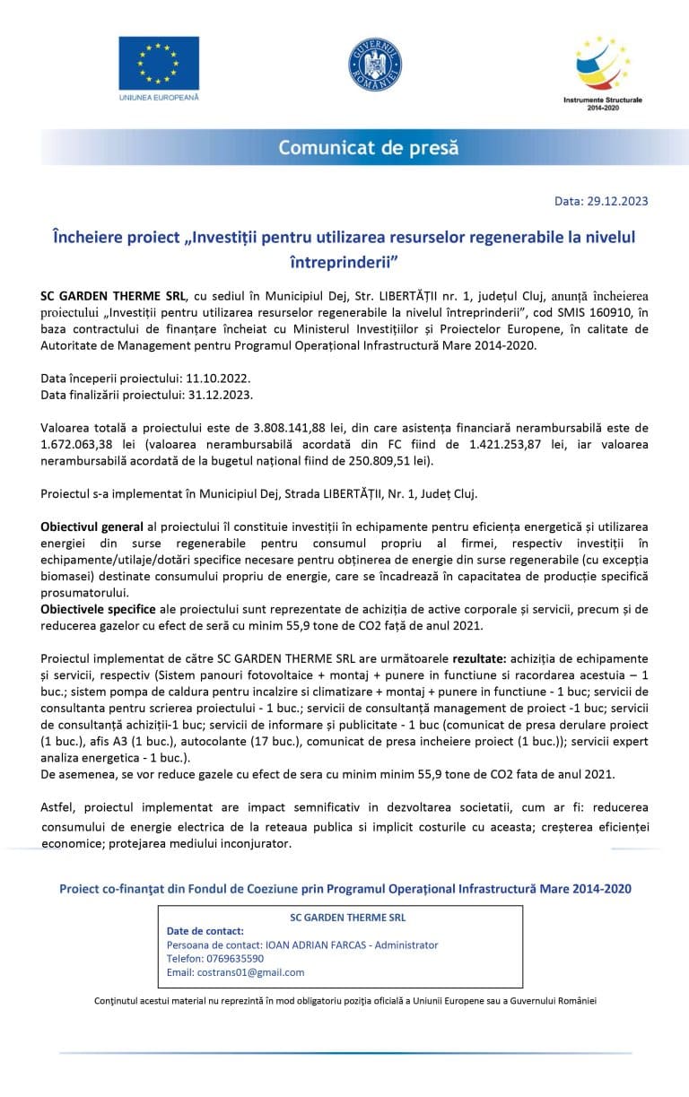 Comunicat  de presă încheiere proiect – SC GARDEN THERME SRL