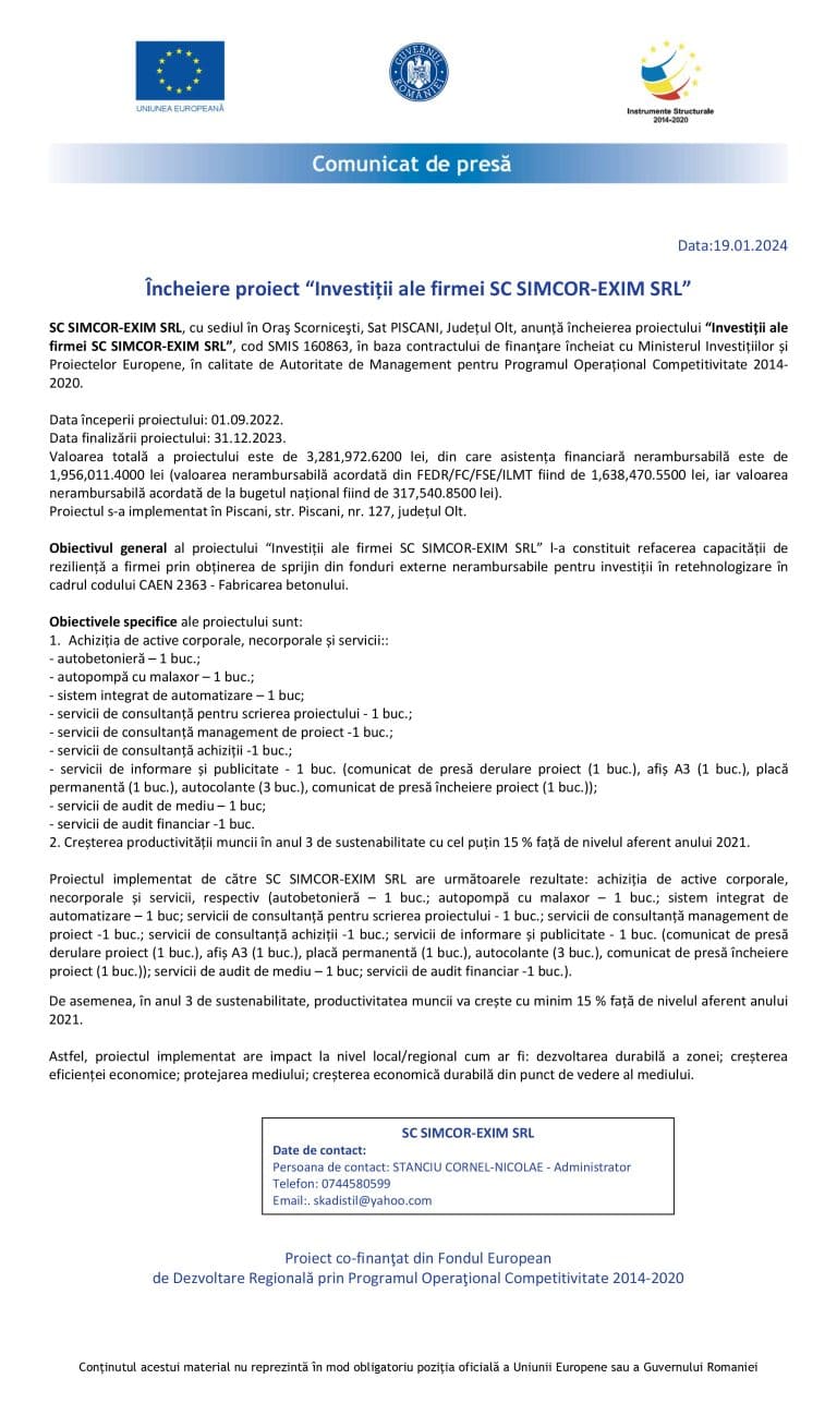 Comunicat de presă SC SIMCOR-EXIM SRL