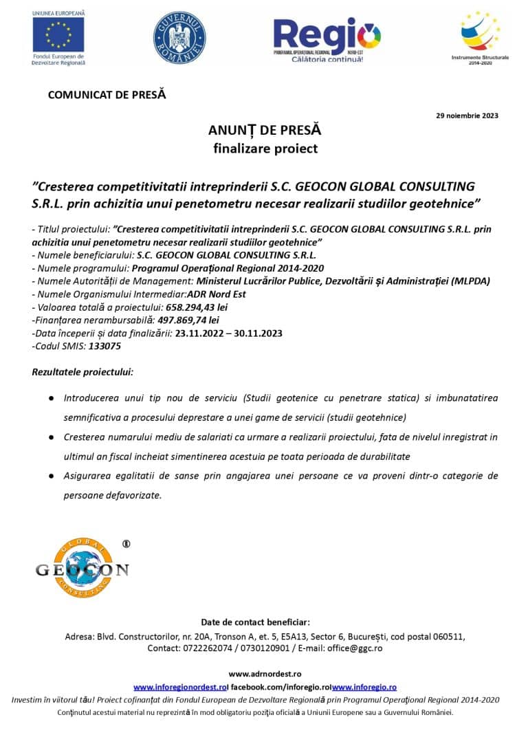 Comunicat de presă S.C. GEOCON GLOBAL CONSULTING S.R.L.