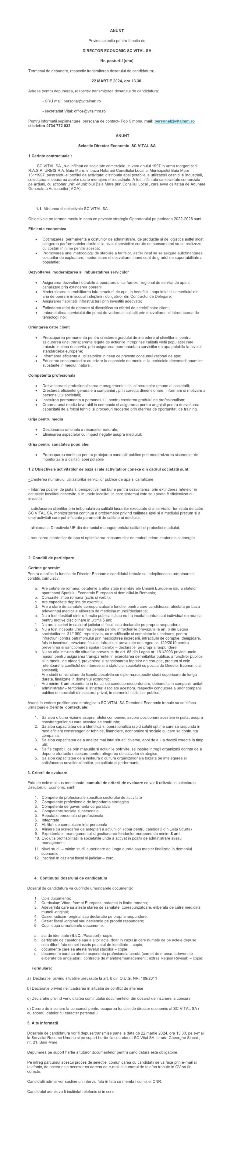 ANUNT SC VITAL SA