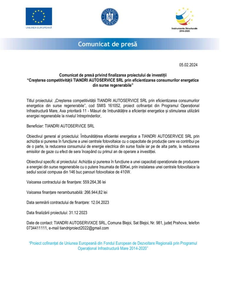 Comunicat de presă Tiandri Autoservice SRL