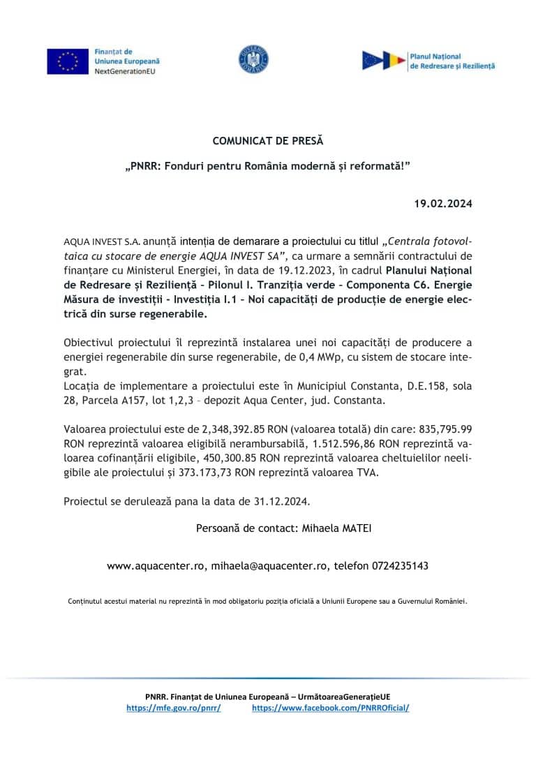 Comunicat de presă AQUA INVEST S.A.