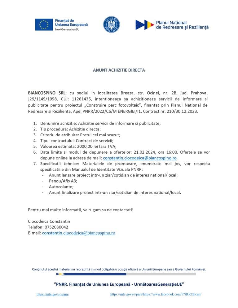 Comunicat de presă SC BIANCOSPINO SRL