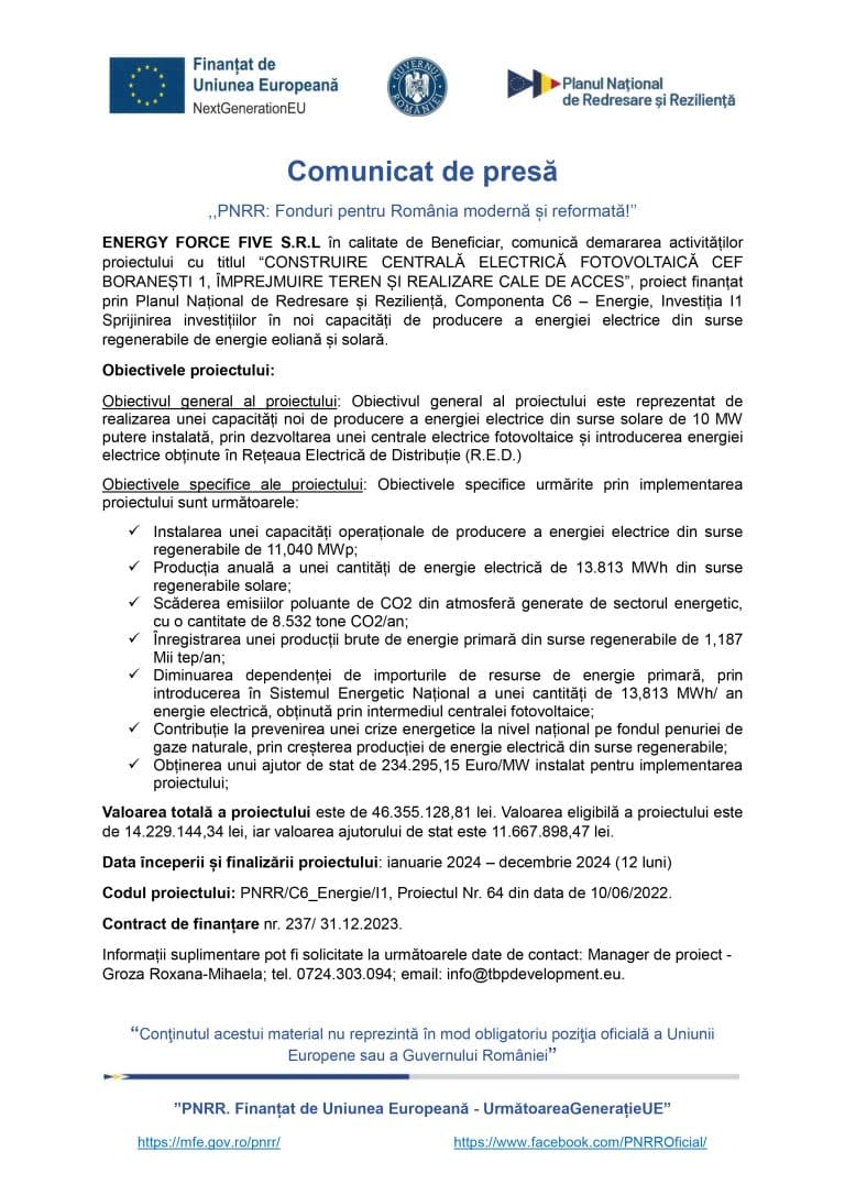 Comunicat de presă SC ENERGY FORCE FIVE SRL