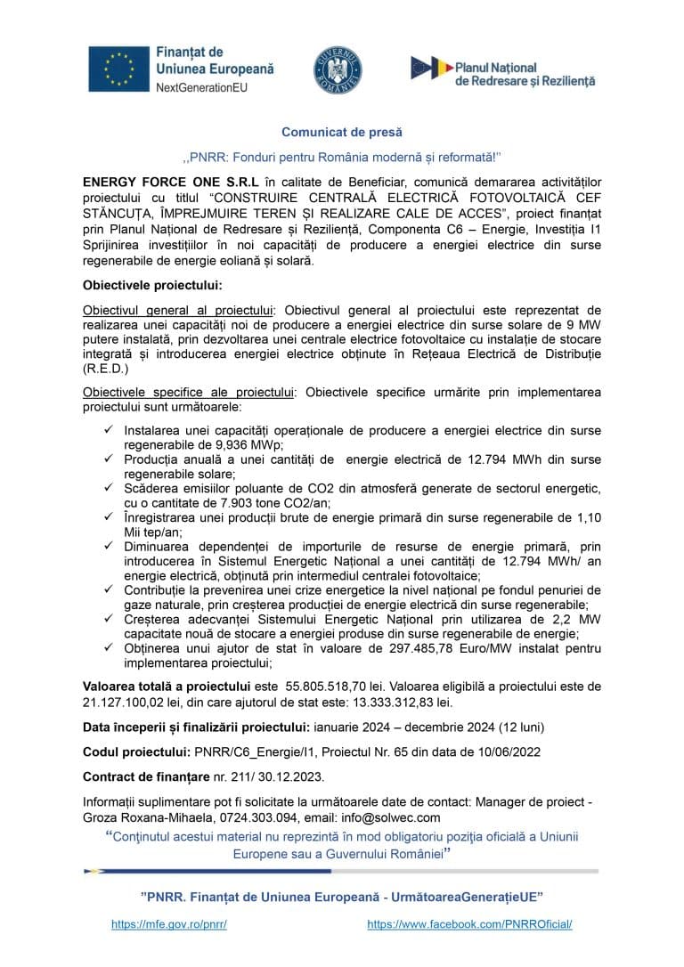 Comunicat de presă SC ENERGY FORCE ONE SRL