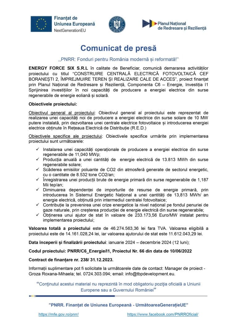 Comunicat de presă SC ENERGY FORCE SIX SRL