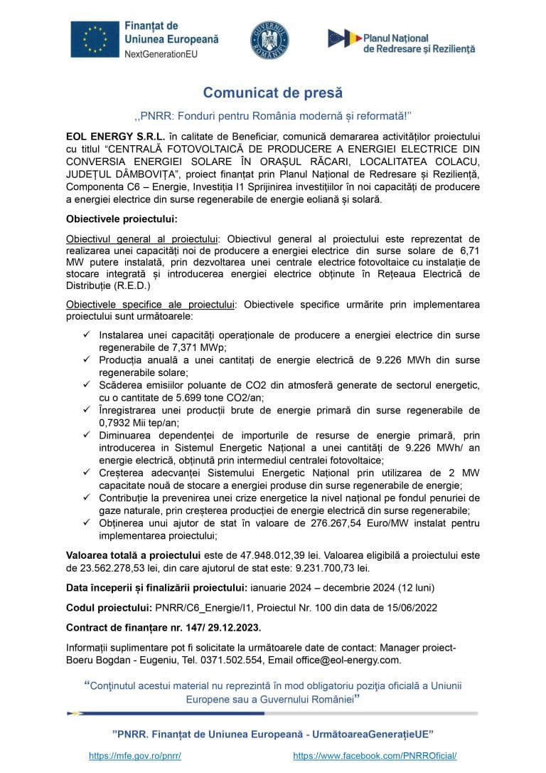Comunicat de presă SC EOL ENERGY S.R.L.