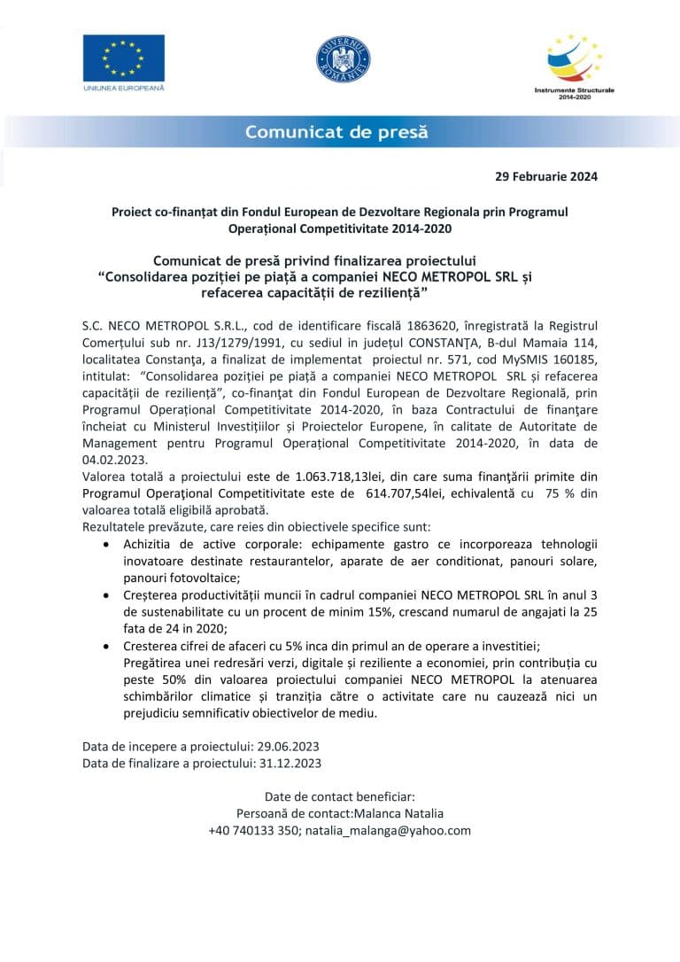 Comunicat de presă S.C. NECO METROPOL S.R.L.