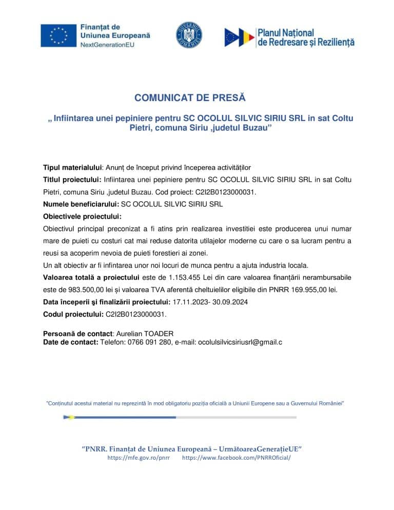 Comunicat de presă SC OCOLUL SILVIC SIRIU SRL