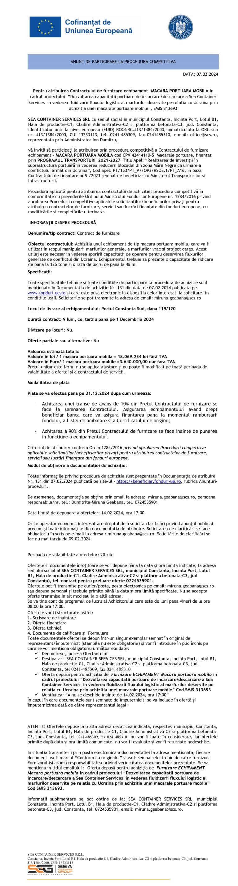 Comunicat de presă SC SEA CONTAINER SERVICES SRL