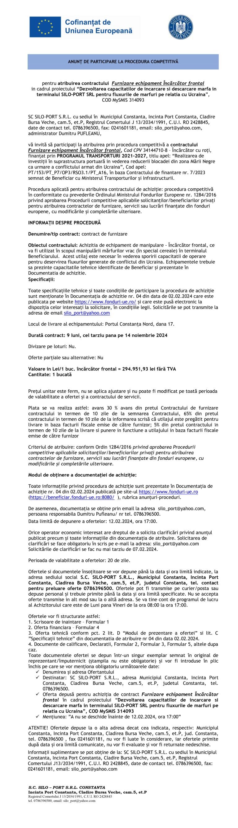 Comunicat de presă SC SILO-PORT SRL