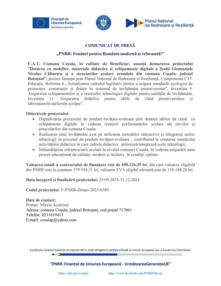 Comunicat de presă UAT Comuna Coșula