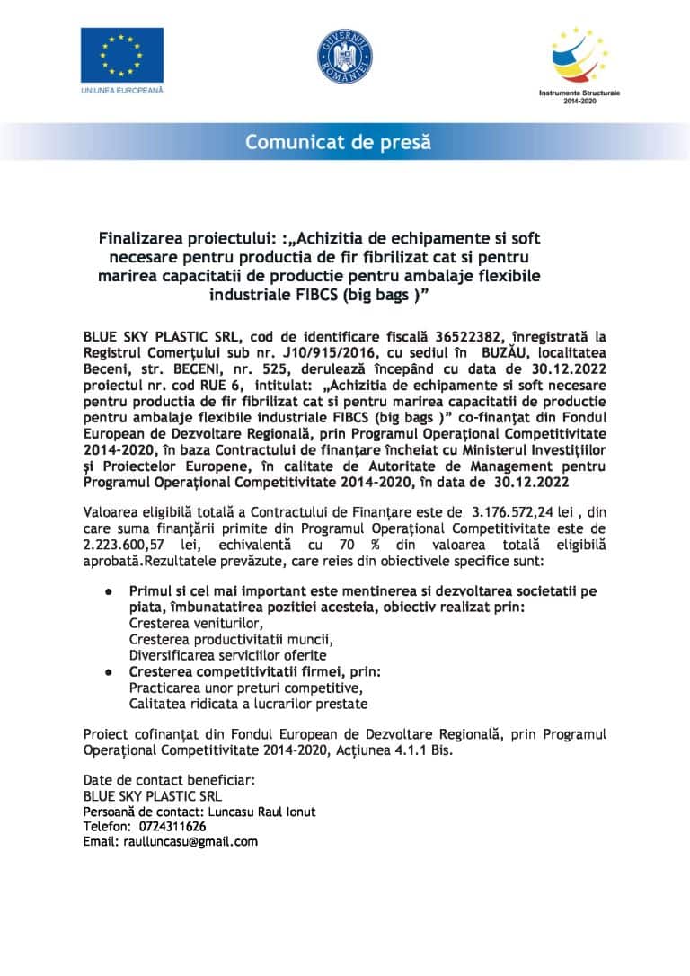 Comunicat de presă finalizare proiect SC BLUE SKY PLASTIC SRL