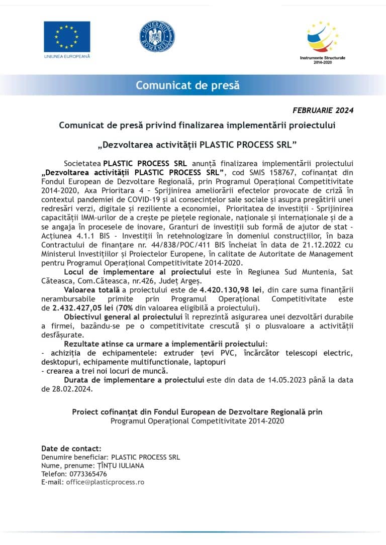 Comunicat de presă PLASTIC PROCESS SRL