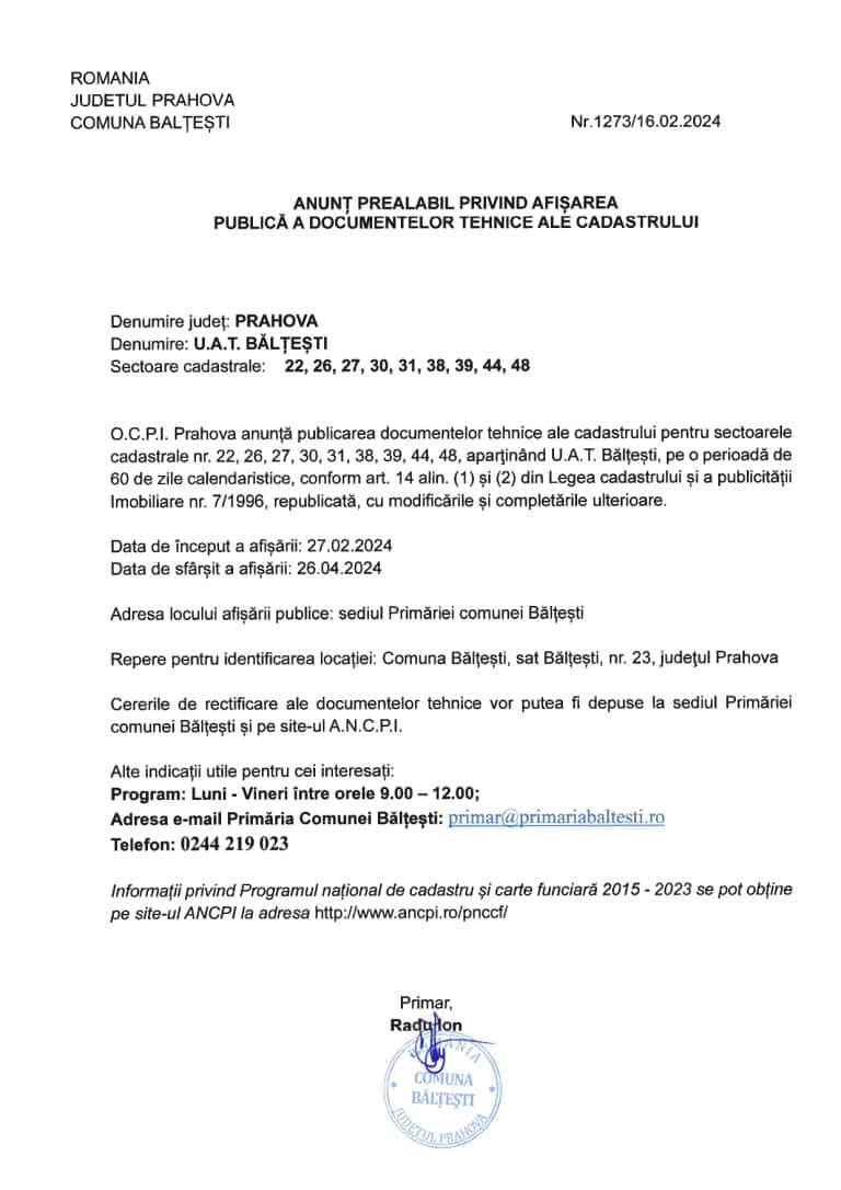 Comunicat de presă U.A.T. Băltești