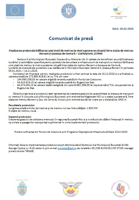 Finalizarea proiectului Edificarea unei stații de metrou la nivel suprateran situată între stația de metrou Berceni și Șoseaua de Centură – Cod MySmis 137950