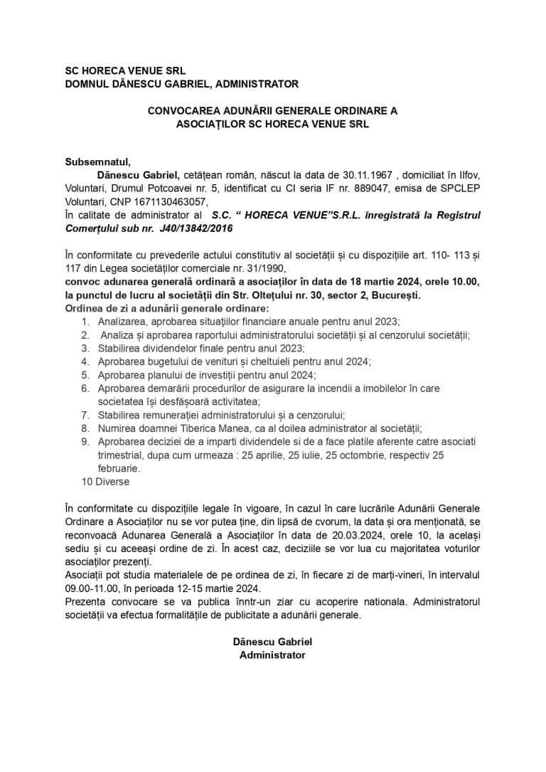 Adunare Generală Horeca Venue SRL