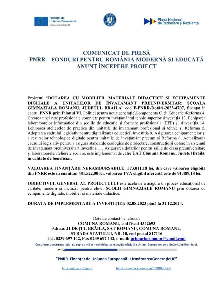 Comunicat de presă Școala Gimnazială Romanu