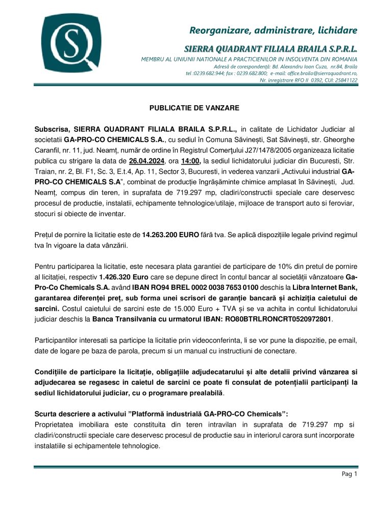 Anunț de presă GA-PRO-CO CHEMICALS SA