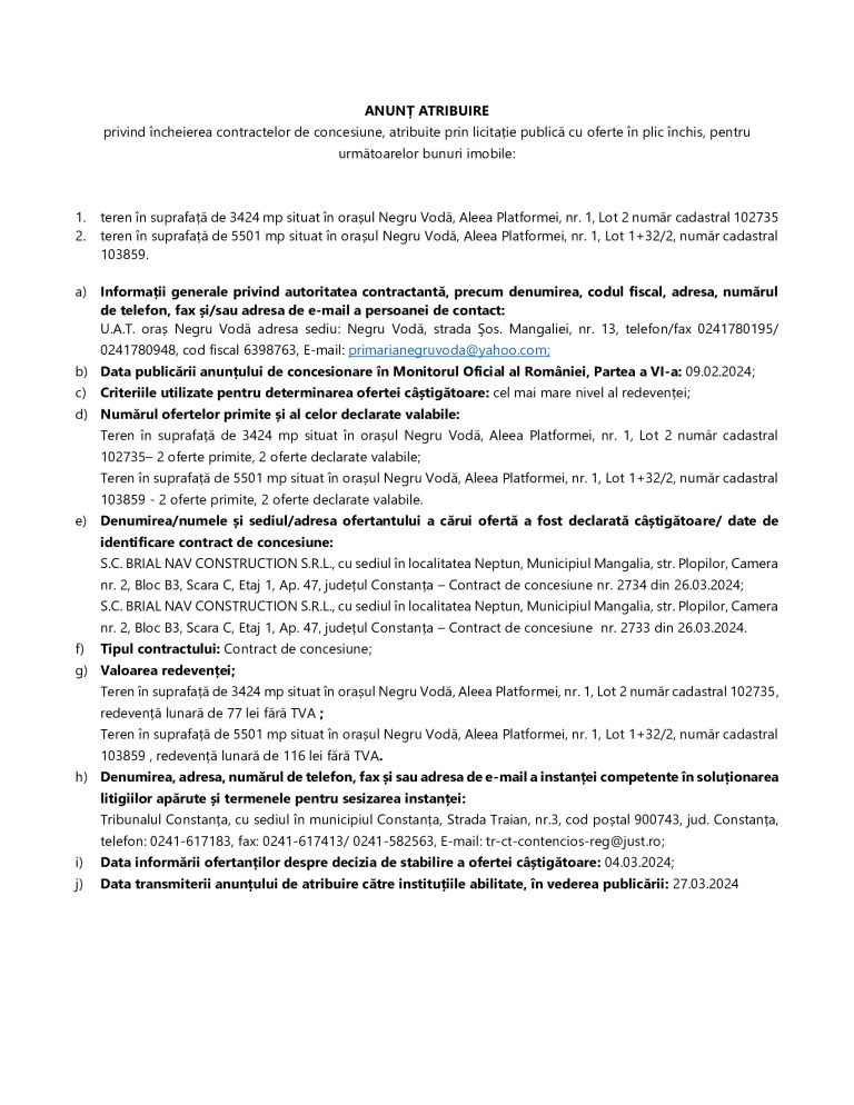 Anunț de presă U.A.T. Oraș Negru Vodă