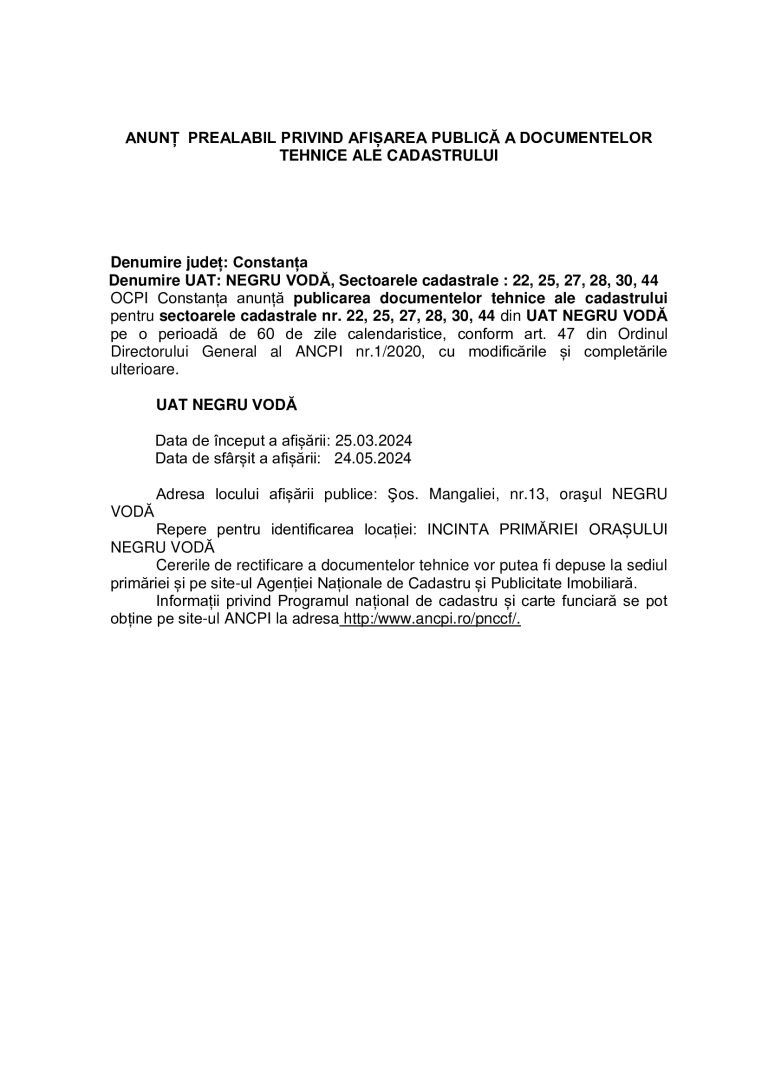 Comunicat de presă U.A.T. Oraș Negru Vodă