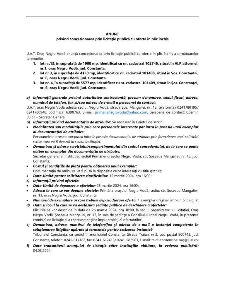 Comunicat de presă U.A.T. Oraș Negru Vodă